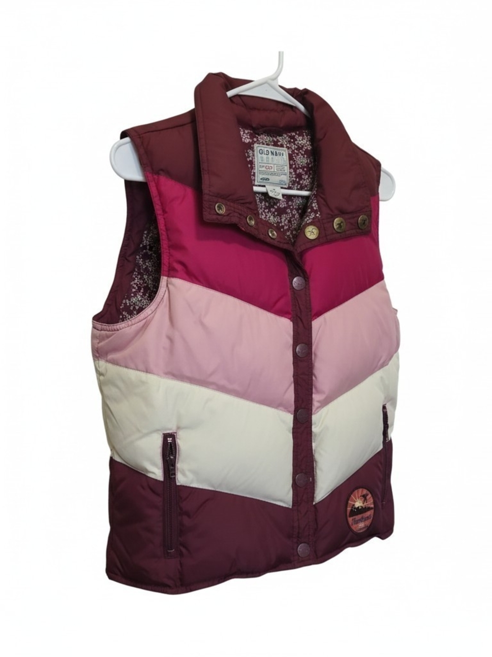 ​Old Navy Pink Burgundy Colorblock Puffer Vest Floral Lining Size Medium
